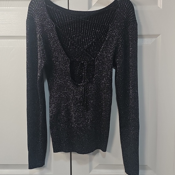 NWT ICHI Metallic Crossback Long Sleeved Ribbed Knit Metallic Black Top XL - Picture 7 of 13